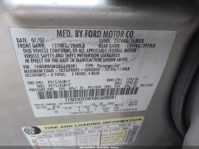 2008 Ford Taurus X Sel VIN: 1FMDK05WX8GA08081 Lot: 42305624