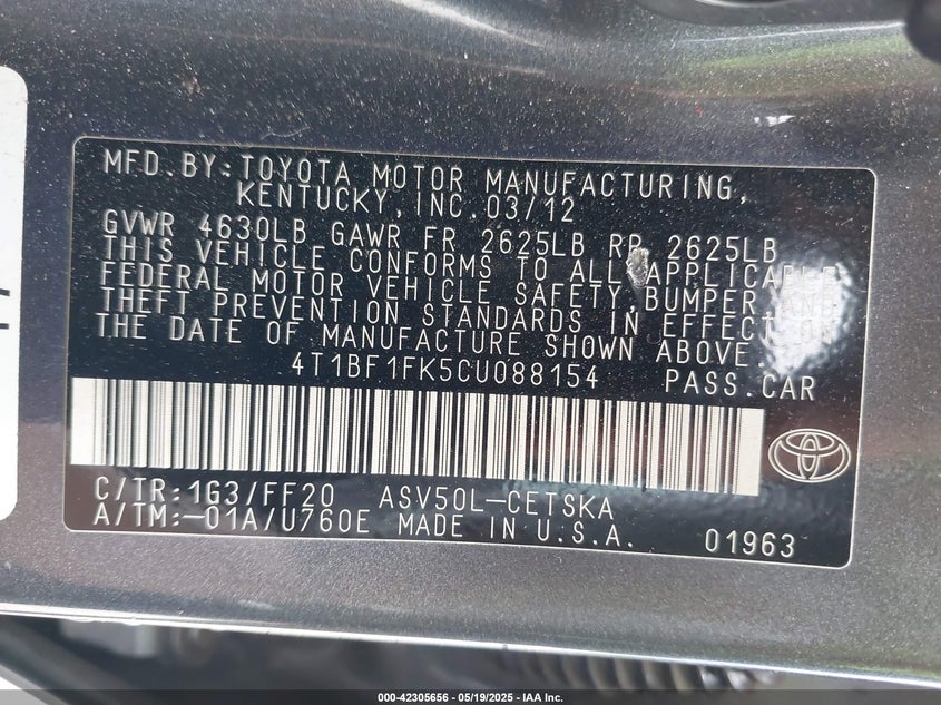 2012 TOYOTA CAMRY VIN: 4T1BF1FK5CU088154