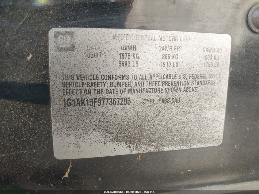 2007 CHEVROLET COBALT VIN: 1G1AK15F977367295