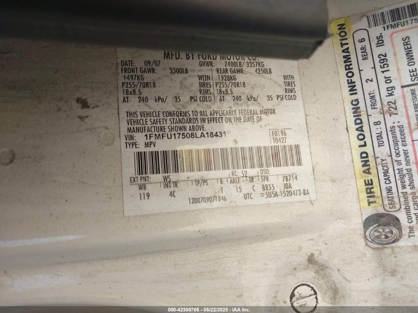 2008 Ford Expedition Eddie Bauer/King Ranch VIN: 1FMFU17508LA18431 Lot: 42305706