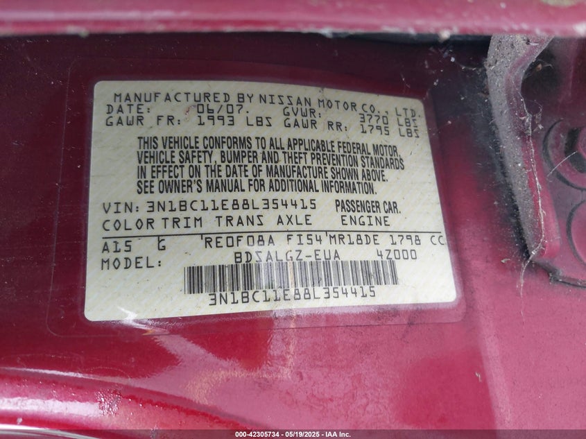 2008 NISSAN VERSA VIN: 3N1BC11E88L354415