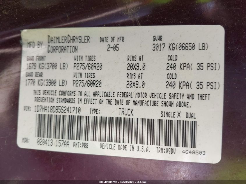 2005 Dodge Ram VIN: 1B7HA18D85S241710 Lot: 42305797