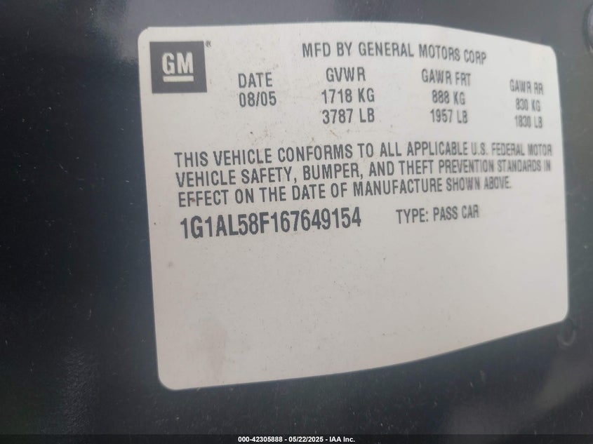 2006 CHEVROLET COBALT VIN: 1G1AL58F167649154