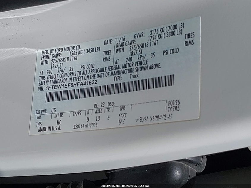 2017 FORD F-150 VIN: 1FTEW1EF6HFA41622