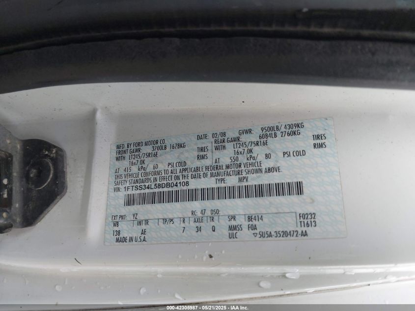 2008 Ford E-350 Super Duty Commercial/Recreational VIN: 1FTSS34L58DB04108 Lot: 42305987