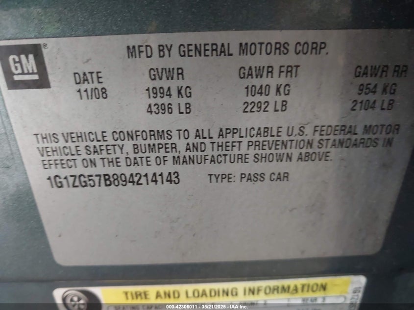 2009 CHEVROLET MALIBU VIN: 1G1ZG57B894214143