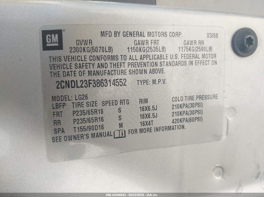 2008 CHEVROLET EQUINOX VIN: 2CNDL23F386314552