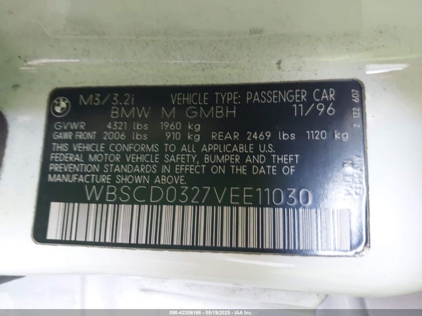 1997 BMW M3 VIN: WBSCD0327VEE11030 Lot: 42306166