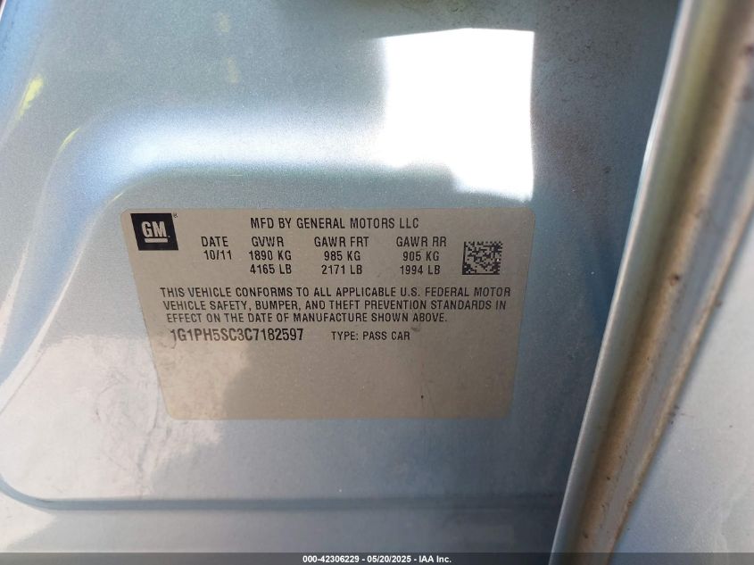 2012 Chevrolet Cruze Ltz VIN: 1G1PH5SC3C7182597 Lot: 42306229