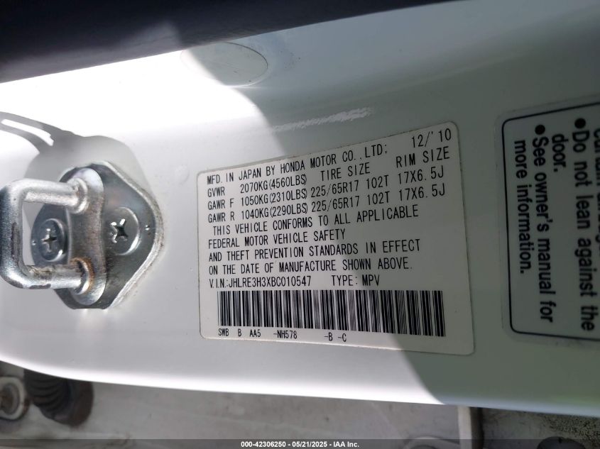 2011 Honda Cr-V Lx VIN: JHLRE3H3XBC010547 Lot: 42306250