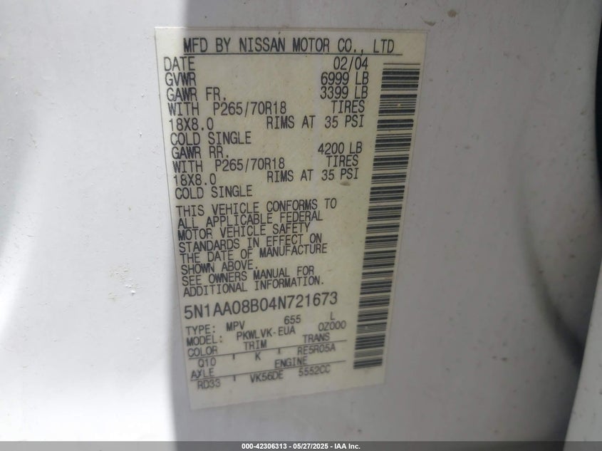 2004 Nissan Pathfinder Armada Le VIN: 5N1AA08B04N721673 Lot: 42306313