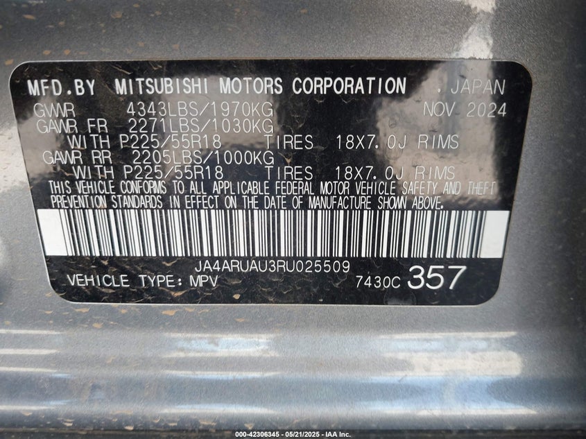 2024 MITSUBISHI OUTLANDER SPORT VIN: JA4ARUAU3RU025509
