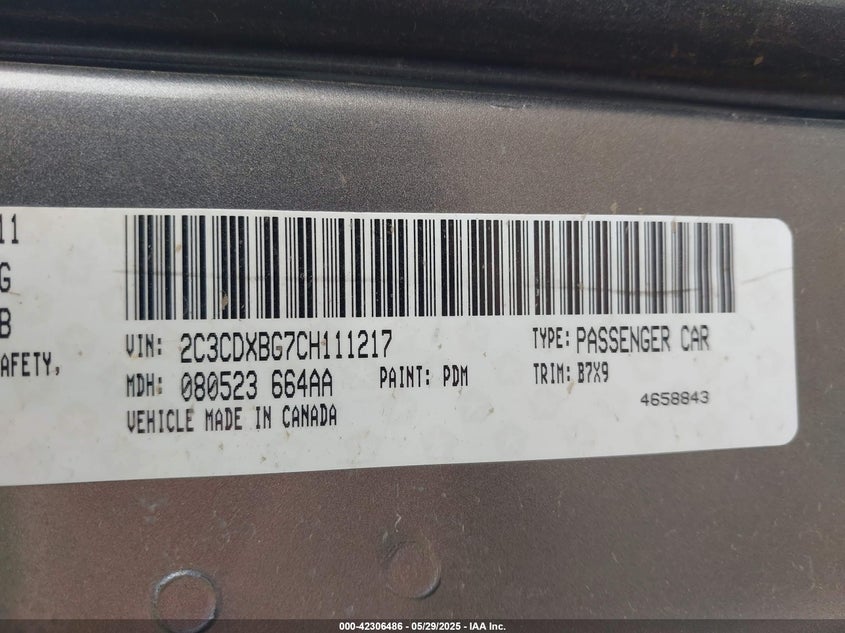 2012 Dodge Charger Se VIN: 2C3CDXBG7CH111217 Lot: 42306486