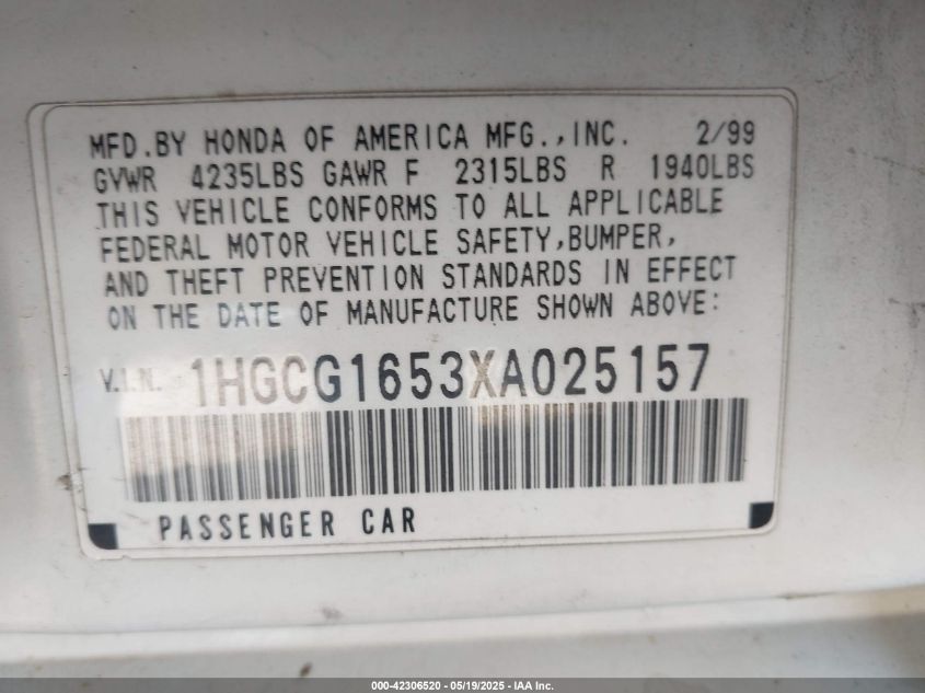 1999 Honda Accord Ex V6 VIN: 1HGCG1653XA025157 Lot: 42306520