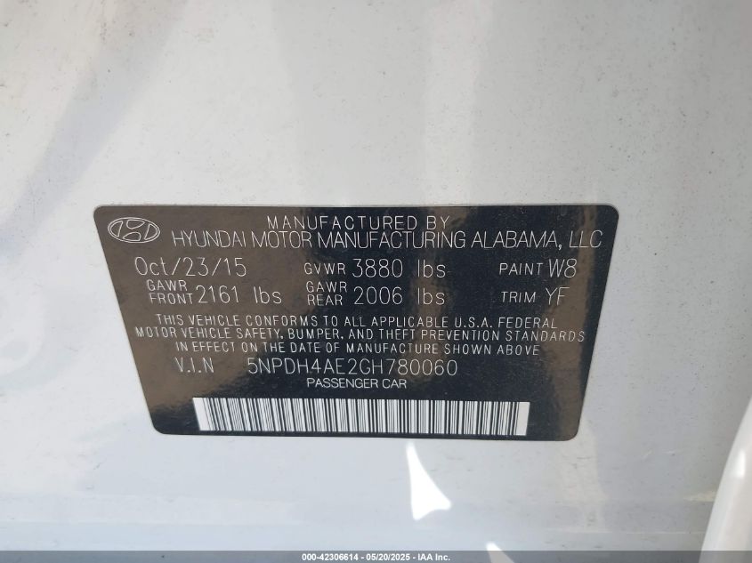 2016 Hyundai Elantra Se VIN: 5NPDH4AE2GH780060 Lot: 42306614