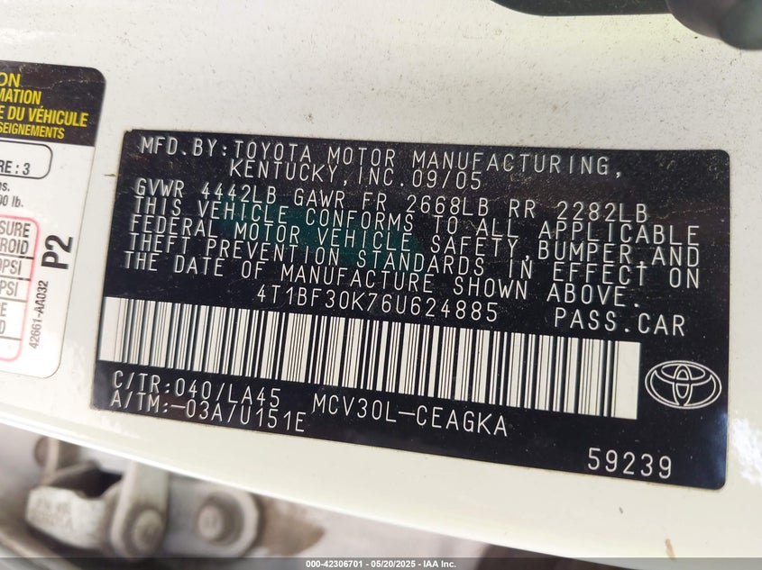 2006 TOYOTA CAMRY VIN: 4T1BF30K76U624885