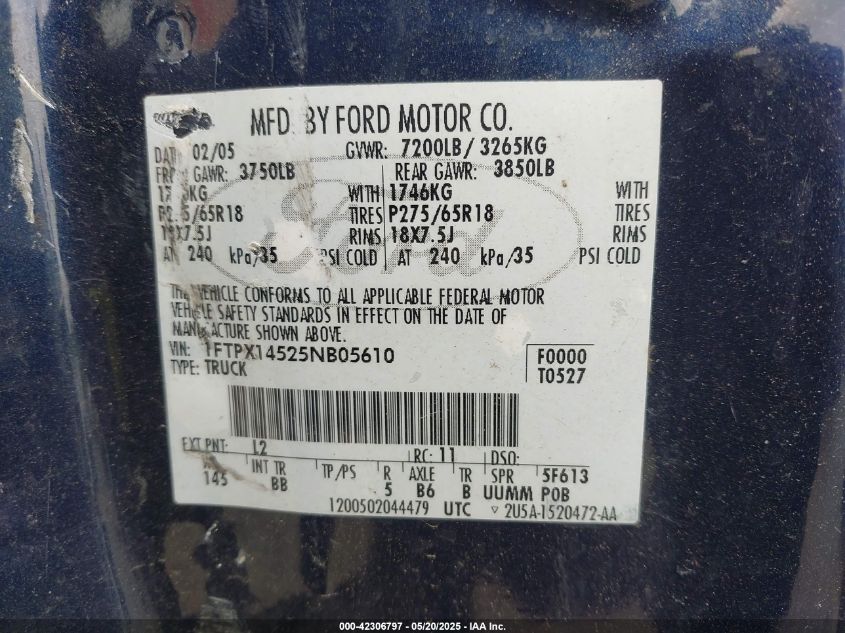 2005 Ford F-150 Fx4/Lariat/Xl/Xlt VIN: 1FTPX14525NB05610 Lot: 42306797