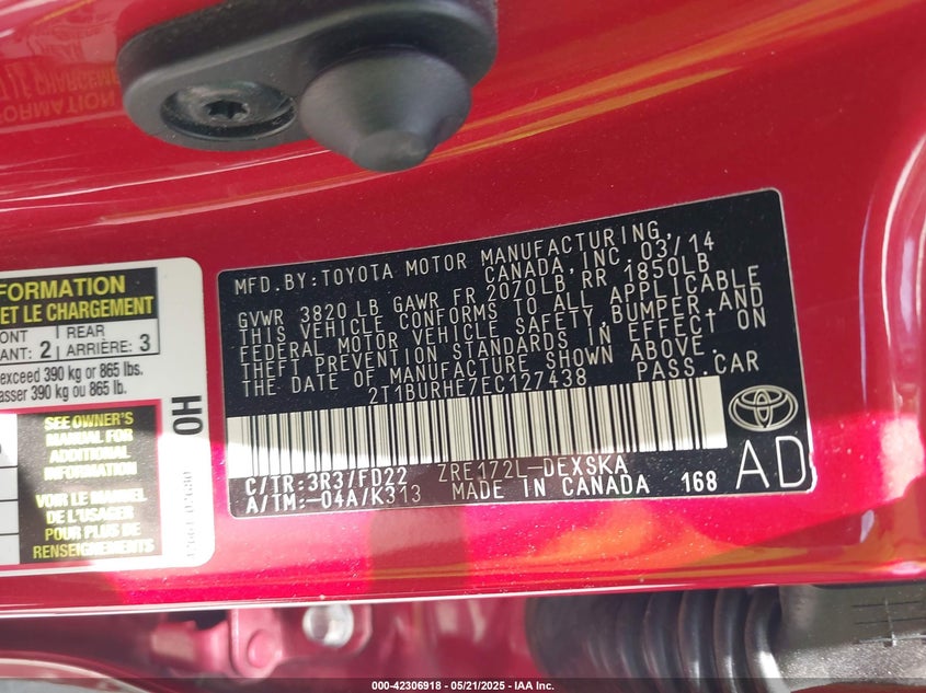 2014 TOYOTA COROLLA S PLUS - 2T1BURHE7EC127438