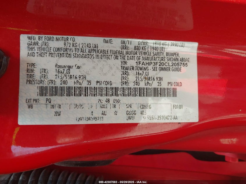 2012 FORD FOCUS VIN: 1FAHP3F20CL205755