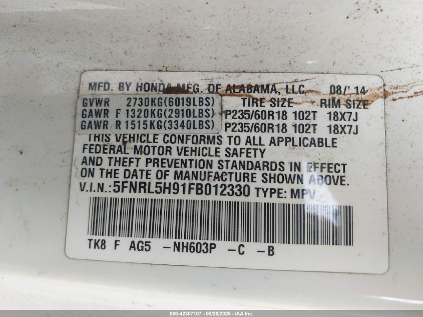 2015 Honda Odyssey Touring/Touring Elite VIN: 5FNRL5H91FB012330 Lot: 42307107