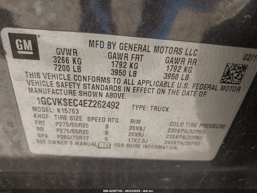2014 CHEVROLET SILVERADO 1500 VIN: 1GCVKSEC4EZ262492