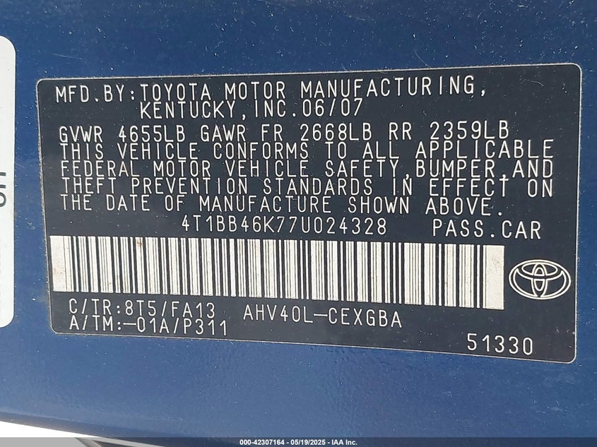 2007 TOYOTA CAMRY HYBRID VIN: 4T1BB46K77U024328