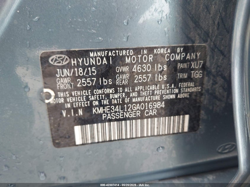 2016 HYUNDAI SONATA VIN: KMHE34L12GA016984