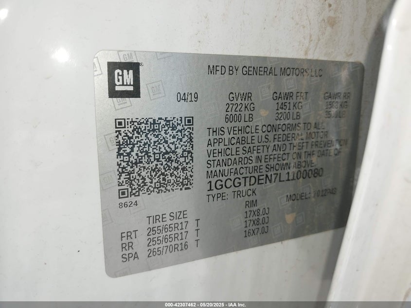 2020 CHEVROLET COLORADO VIN: 1GCGTDEN7L1100080