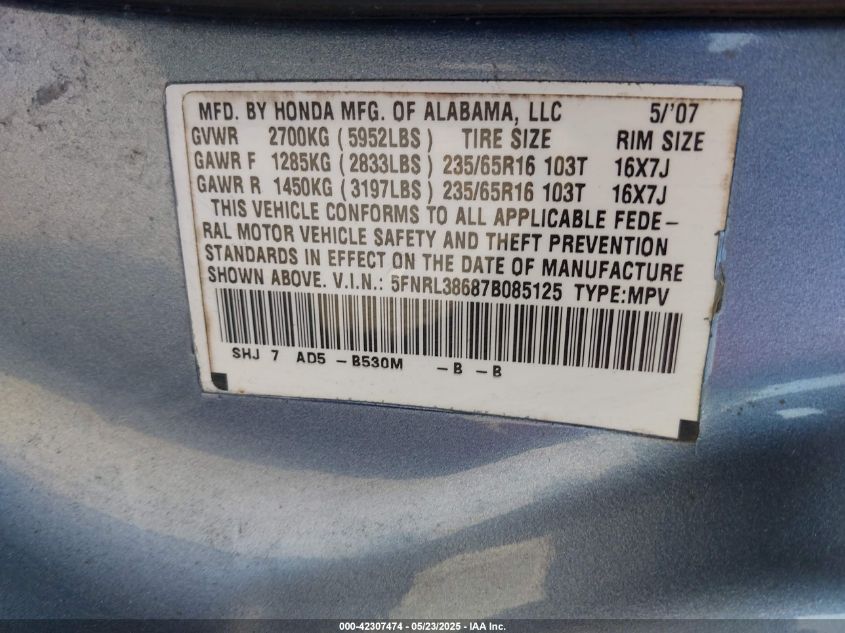 2007 Honda Odyssey Ex-L VIN: 5FNRL38687B085125 Lot: 42307474