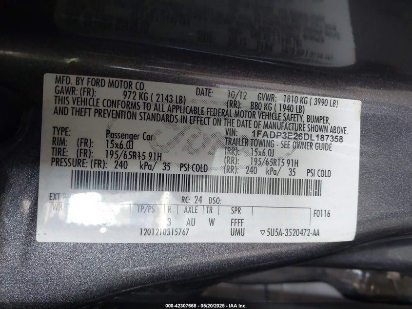 2013 FORD FOCUS VIN: 1FADP3E26DL187358