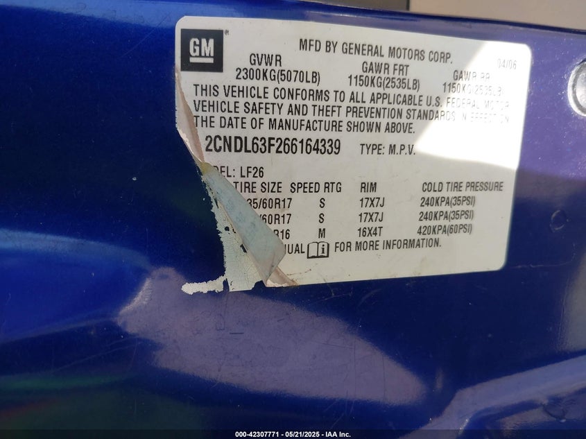 2006 CHEVROLET EQUINOX VIN: 2CNDL63F266164339