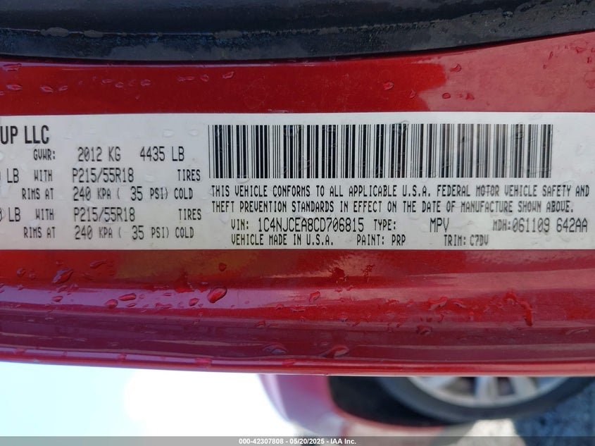 2012 JEEP COMPASS VIN: 1C4NJCEA8CD706815