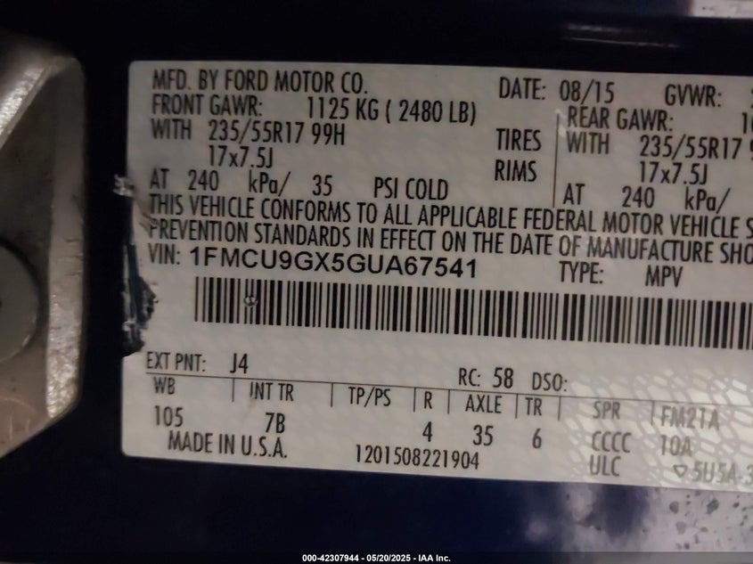 2016 FORD ESCAPE VIN: 1FMCU9GX5GUA67541