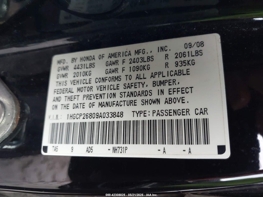 2009 HONDA ACCORD VIN: 1HGCP26809A033848