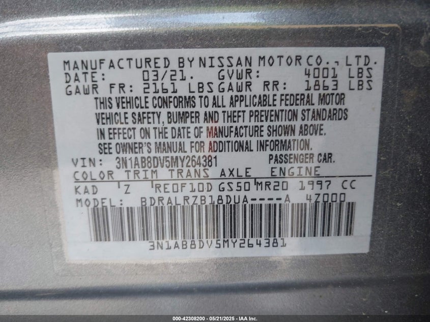 2021 NISSAN SENTRA VIN: 3N1AB8DV5MY264381