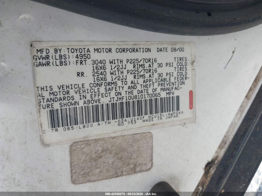 2001 Lexus Rx 300 VIN: JTJHF10U810170065 Lot: 42308279