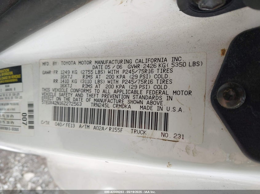 2006 TOYOTA TACOMA VIN: 5TEUX42N16Z272563