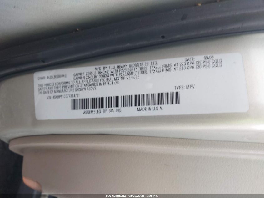 2007 Subaru Outback 2.5I VIN: 4S4BP61C077314731 Lot: 42308293