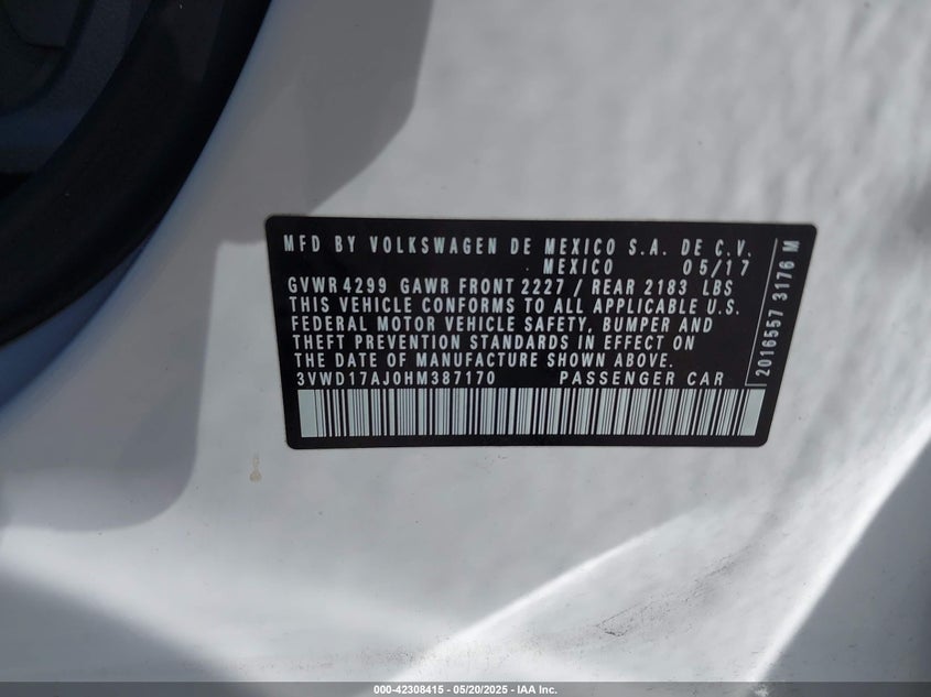 VIN 3VWD17AJ0HM387170 2017 VOLKSWAGEN JETTA 1.8T SPORT