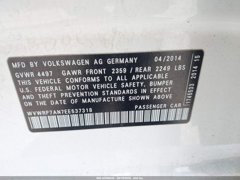 2014 VOLKSWAGEN CC VIN: WVWRP7AN7EE537318