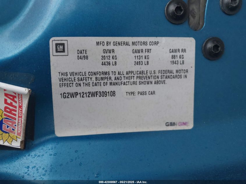 1998 Pontiac Grand Prix Gt VIN: 1G2WP1212WF309108 Lot: 42308567