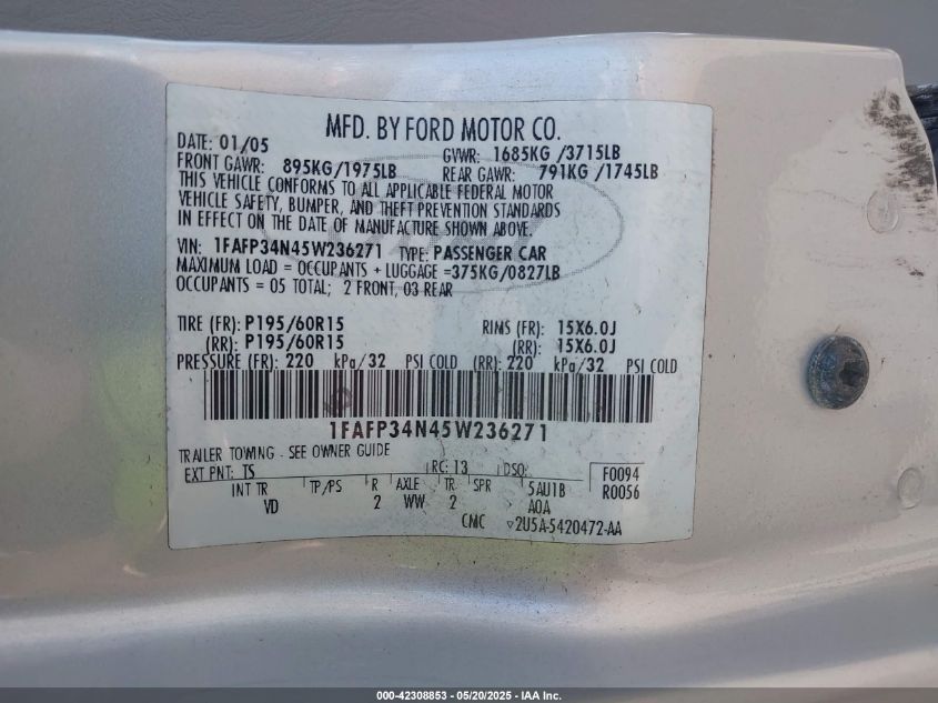 2005 Ford Focus Zx4 VIN: 1FAFP34N45W236271 Lot: 42308853