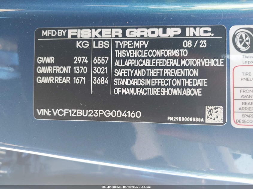 VIN VCF1ZBU23PG004160 2023 FISKER OCEAN ONE