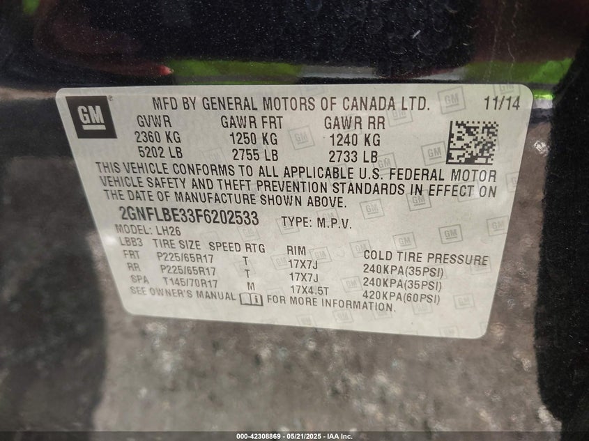 2015 CHEVROLET EQUINOX VIN: 2GNFLBE33F6202533