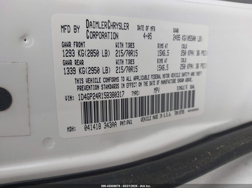 2005 Dodge Grand Caravan Se VIN: 1D4GP24R15B380317 Lot: 42308879