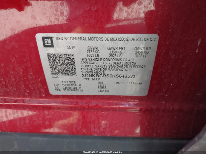 2019 CHEVROLET BLAZER VIN: 3GNKBCRS6KS643531