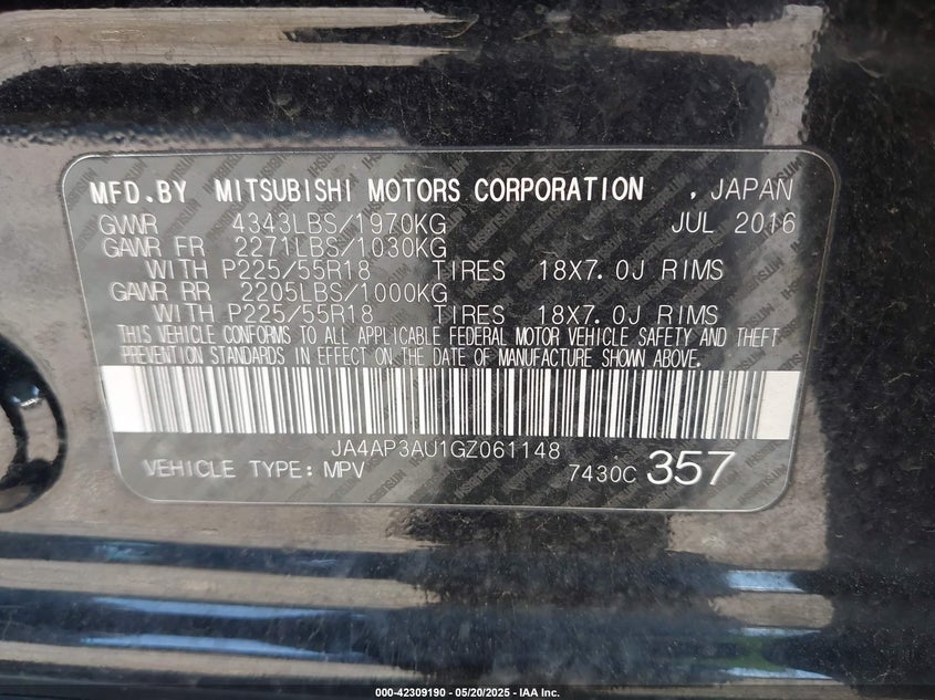 2016 MITSUBISHI OUTLANDER SPORT VIN: JA4AP3AU1GZ061148