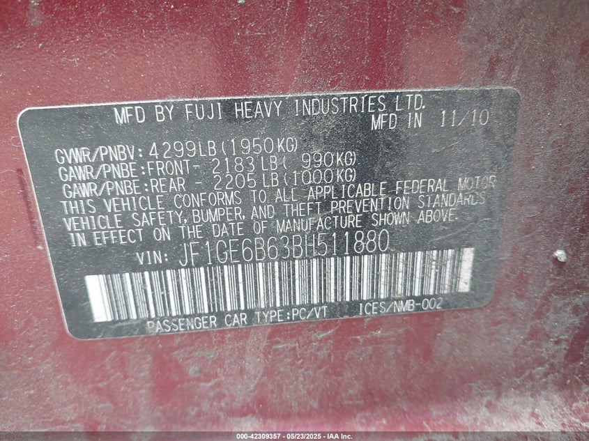 2011 SUBARU IMPREZA VIN: JF1GE6B63BH511880