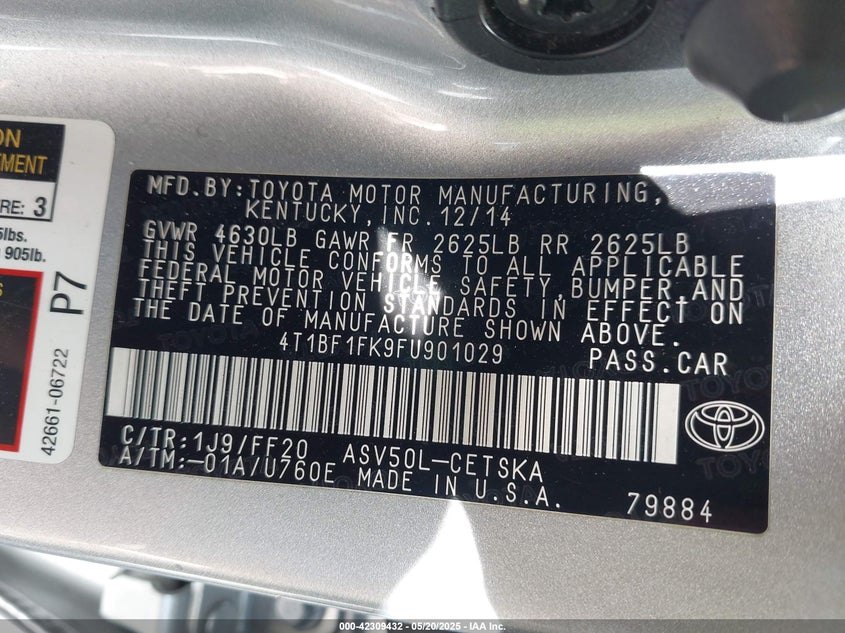 2015 TOYOTA CAMRY VIN: 4T1BF1FK9FU901029