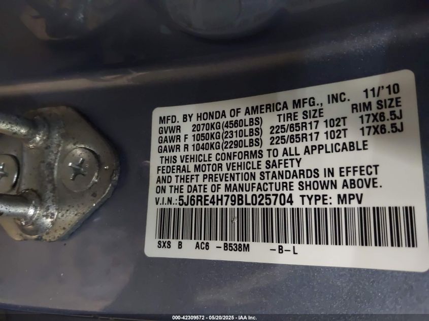 2011 Honda Cr-V Exl VIN: 5J6RE4H79B1025704 Lot: 42309572